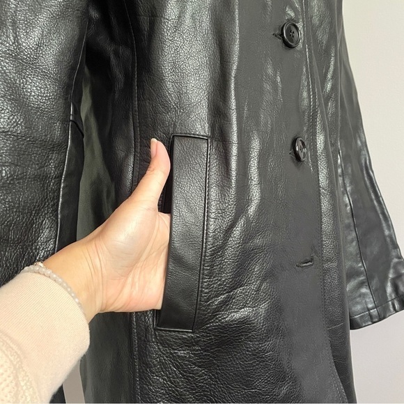 Vintage 90s Y2K Roots Black 100% Leather Straight Cut Mid Length Car Coat - 6/S - Picture 5 of 14